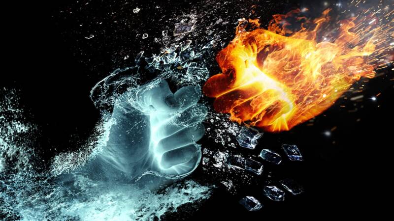 fire and ice water revenge retribution fight attack cool tension contrast fists hands