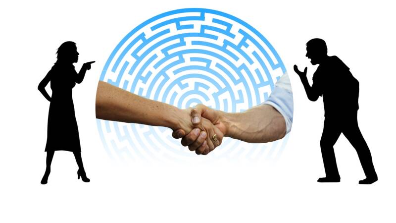 dispute conflict reconciliation argue fight diagreement shouting talking handshake peace dispute