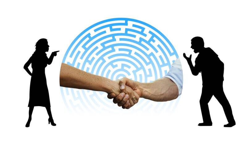 dispute conflict reconciliation argue fight diagreement shouting talking handshake peace dispute