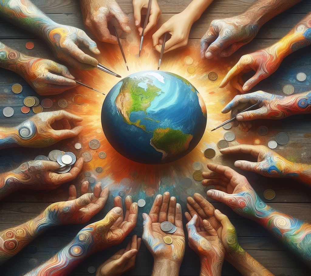 giving hands donating painting the world global donations generosity care kindness paintbrushes give generous coins money