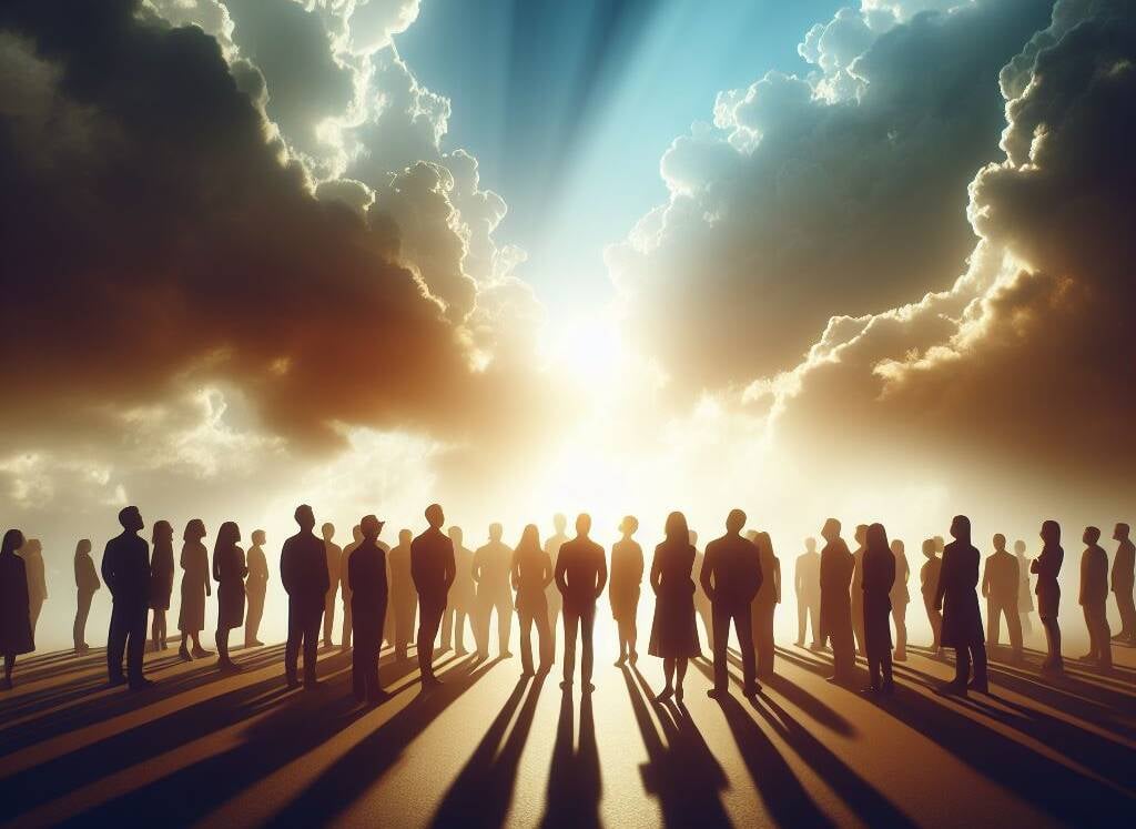 steadfast god people in shadow silhouettes looking up to sunlight streaming through the clouds spirituality hope faith crowd communities covenant e1716692920555