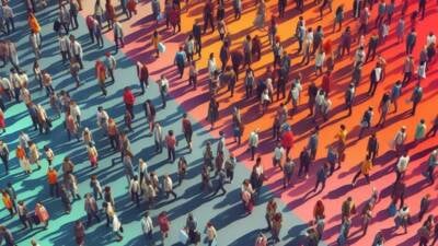 crowds of people in groups and clusters, birds-eye view