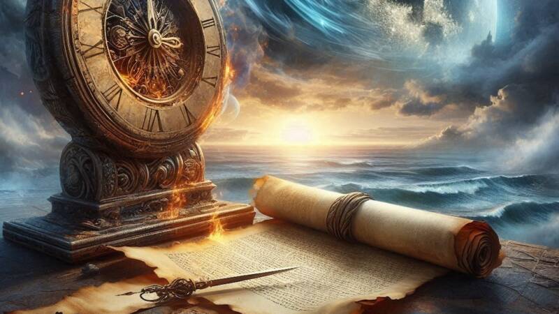 time symbols with sundial and sea moon ancient sroll clock and prophecy scroll copy