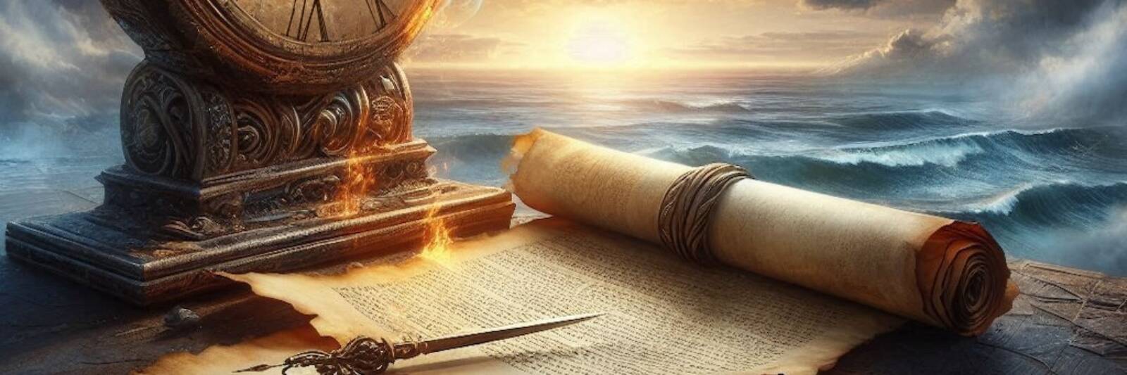 time symbols with sundial and sea moon ancient sroll clock and prophecy scroll wide