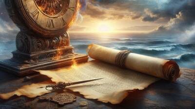 time symbols with sundial and sea moon ancient sroll clock and prophecy scroll wide