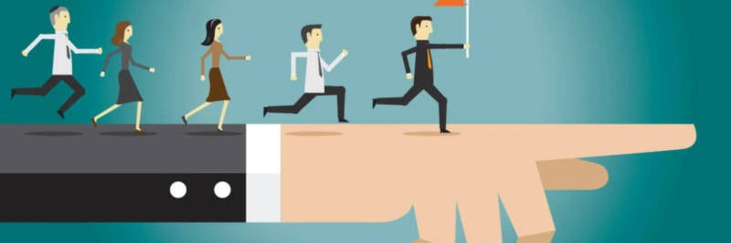 followers pointing to leadership vision shown way flag