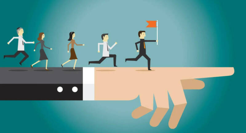 followers pointing to leadership vision shown way flag
