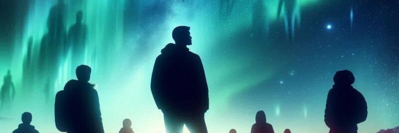 tiny treasured people staring up at universe reflections in northern lights gazing vast spirituality experience wide