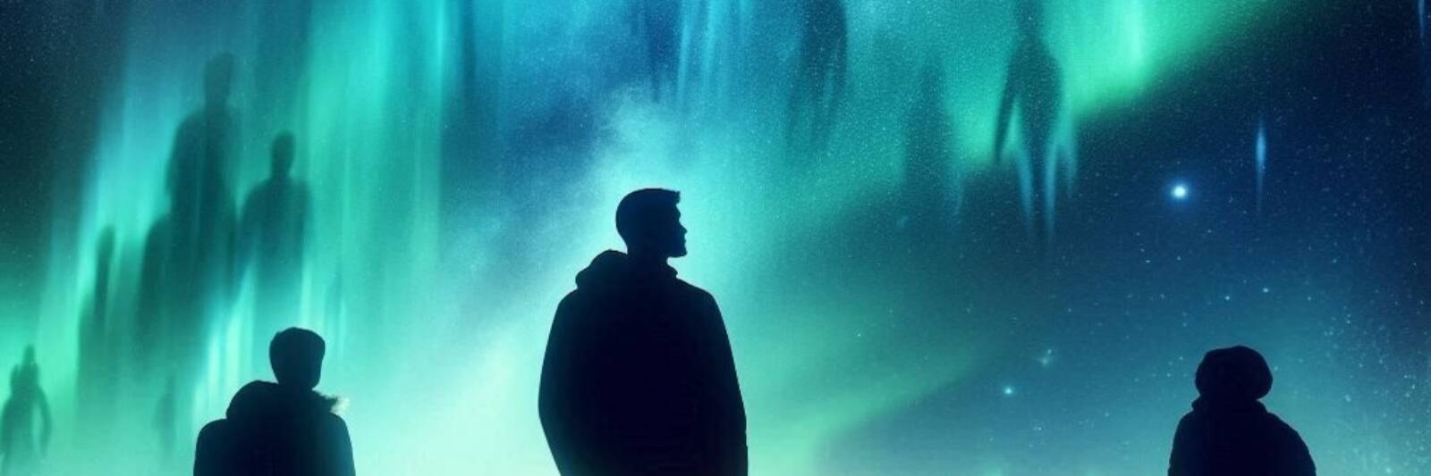 silhouette of group of travellers people staring up at universe reflections in northern lights gazing vast spirituality experience extra wide wide