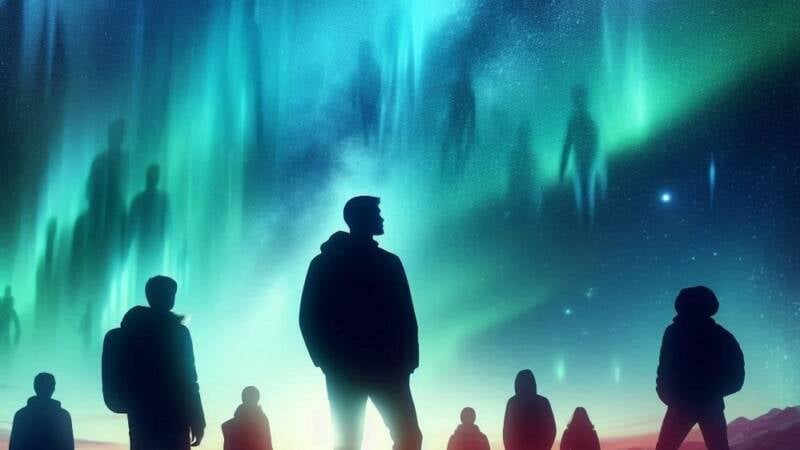silhouette of group of travellers people staring up at universe reflections in northern lights gazing vast spirituality experience extra wide wide