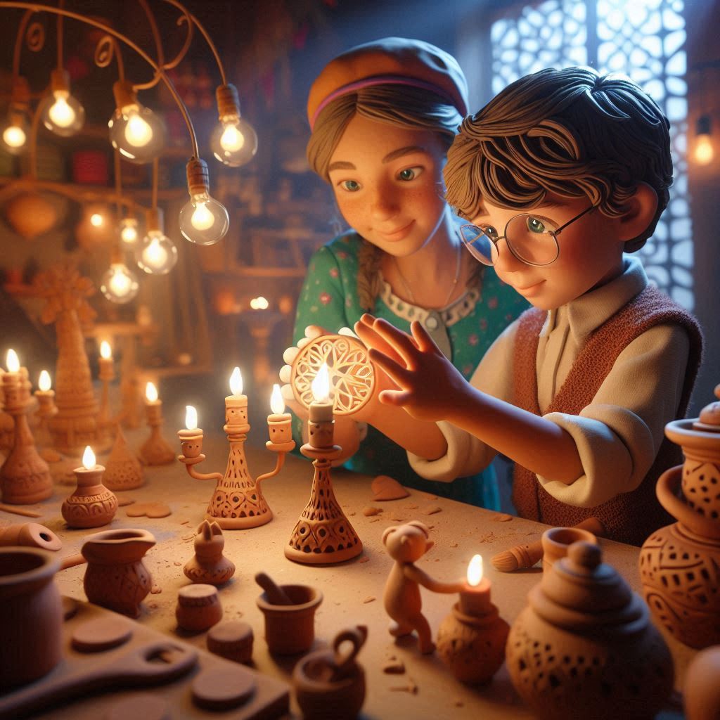 candlestick holders and lights flames glowing pottery creations apprentice and mother