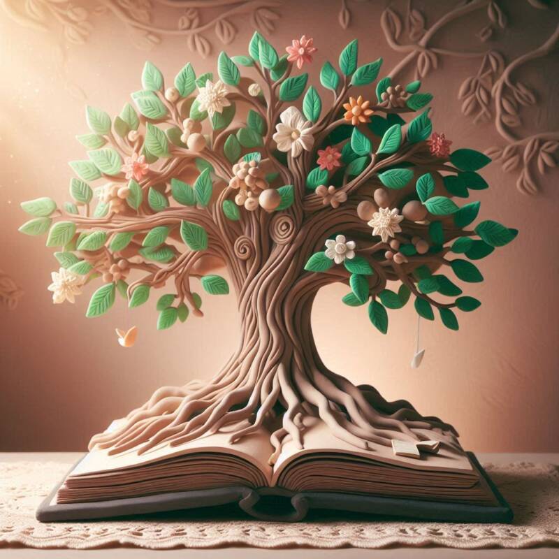 family tree branched with open book between the tree roots