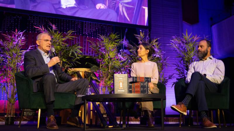 Daniel Taub, Rachel Goldberg-Polin and Jon Polin at the Sacks Conversation 2025, St Johns Wood shul