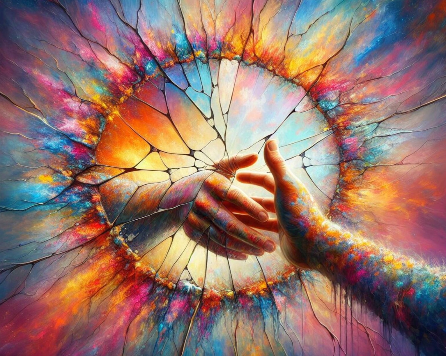 cracked mirror reflecting an act of kindness colourful hands shattered broken tikkun olam friendship reaching out teshuvah