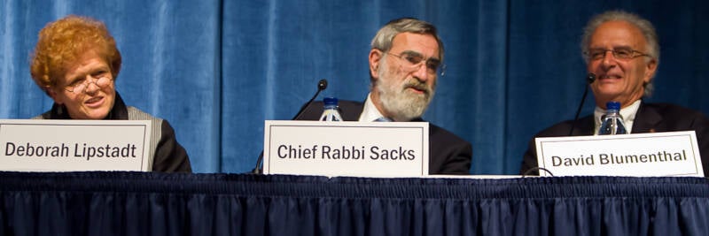 rabbi sacks on a panel with deborah lipstadt and david blumenthal lawjudaism2