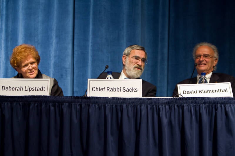 rabbi sacks on a panel with deborah lipstadt and david blumenthal lawjudaism2