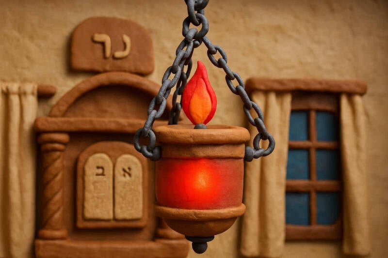 ner tamid everlasting light hanging above the aron in a shul or synagogue ark
