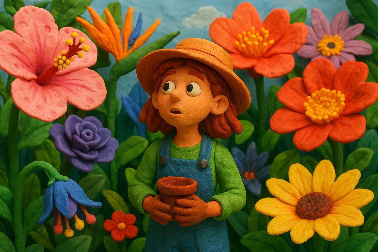 young girl in a garden full of exotic flowers