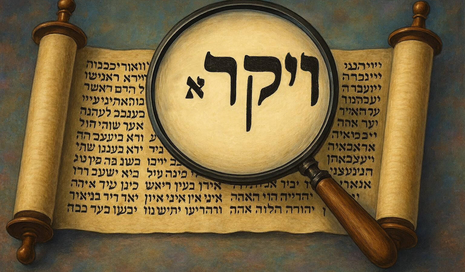 VAYIKRA in Torah scroll with magnifying glass