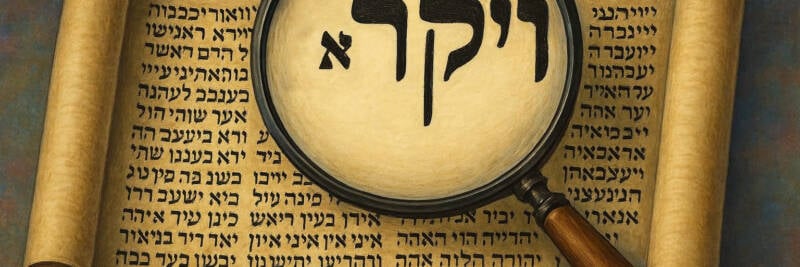 VAYIKRA in Torah scroll with magnifying glass