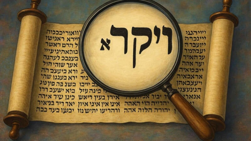 VAYIKRA in Torah scroll with magnifying glass