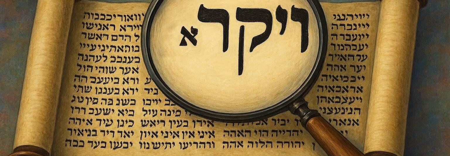 VAYIKRA in Torah scroll with magnifying glass enlarging the word and the tiny aleph