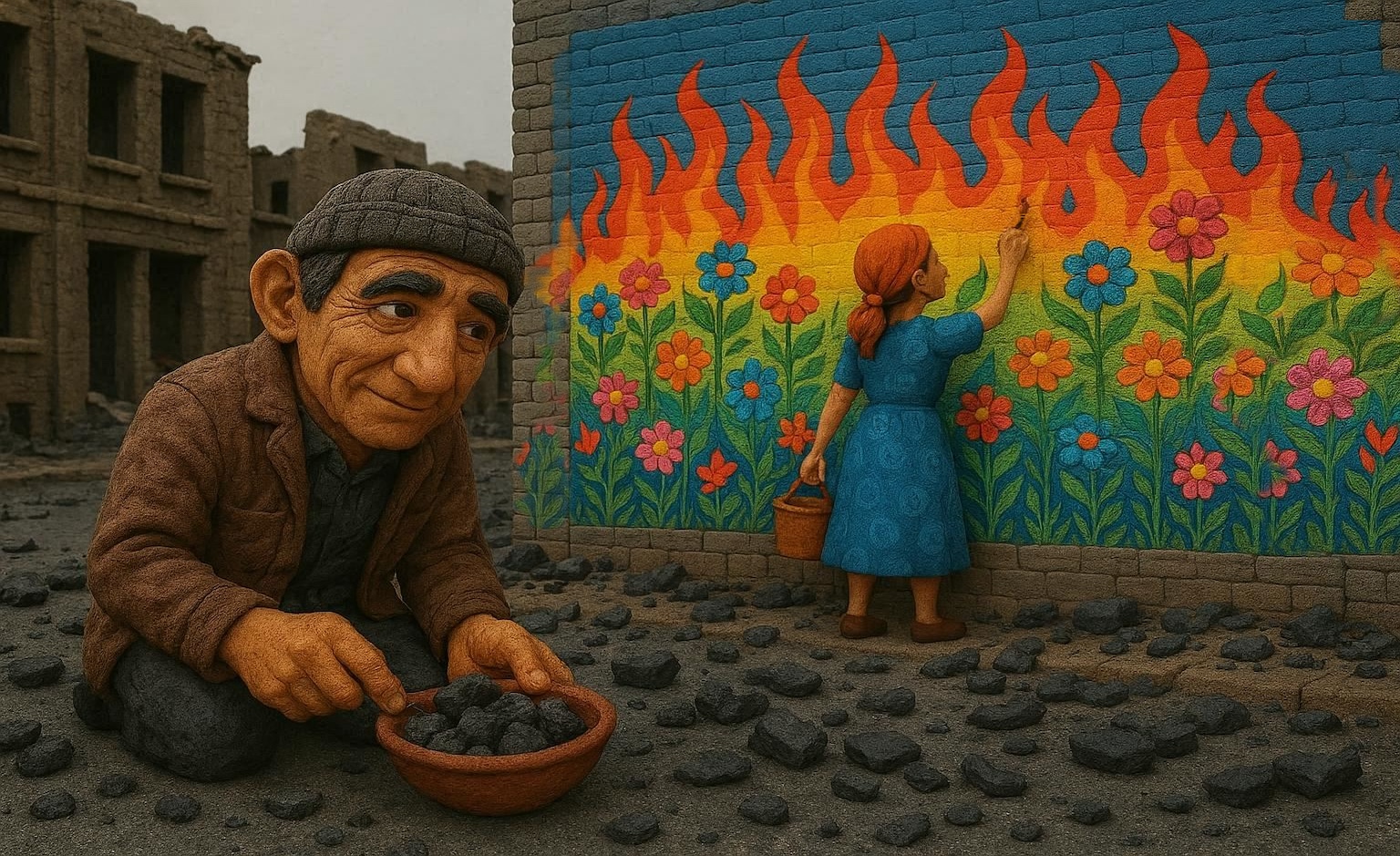 two artists painting a mural with charcoal and flames and flowers