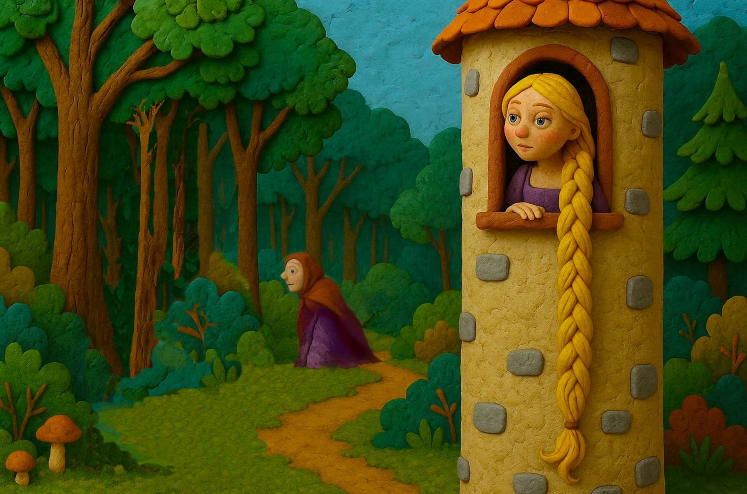 rapunzel and her mother searching for daughter in the tower claymation scaled