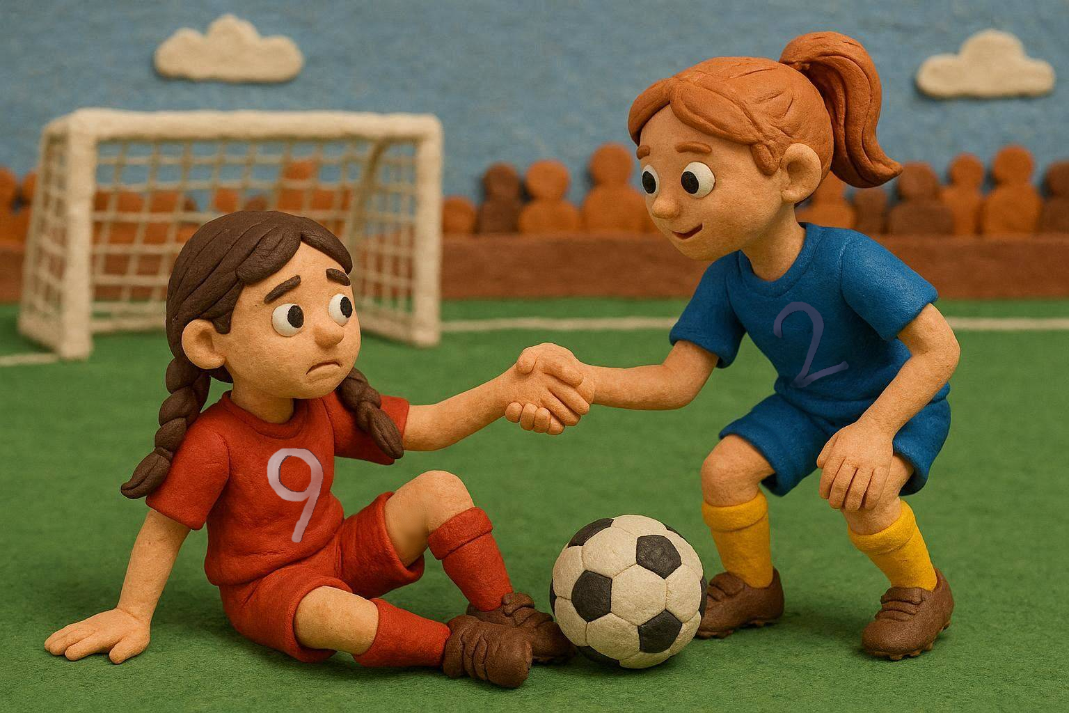 playing football helping a rival offering a hand kindness fall