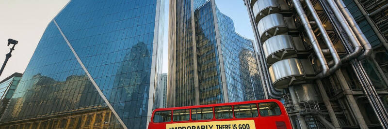 london bus announcing belief in god