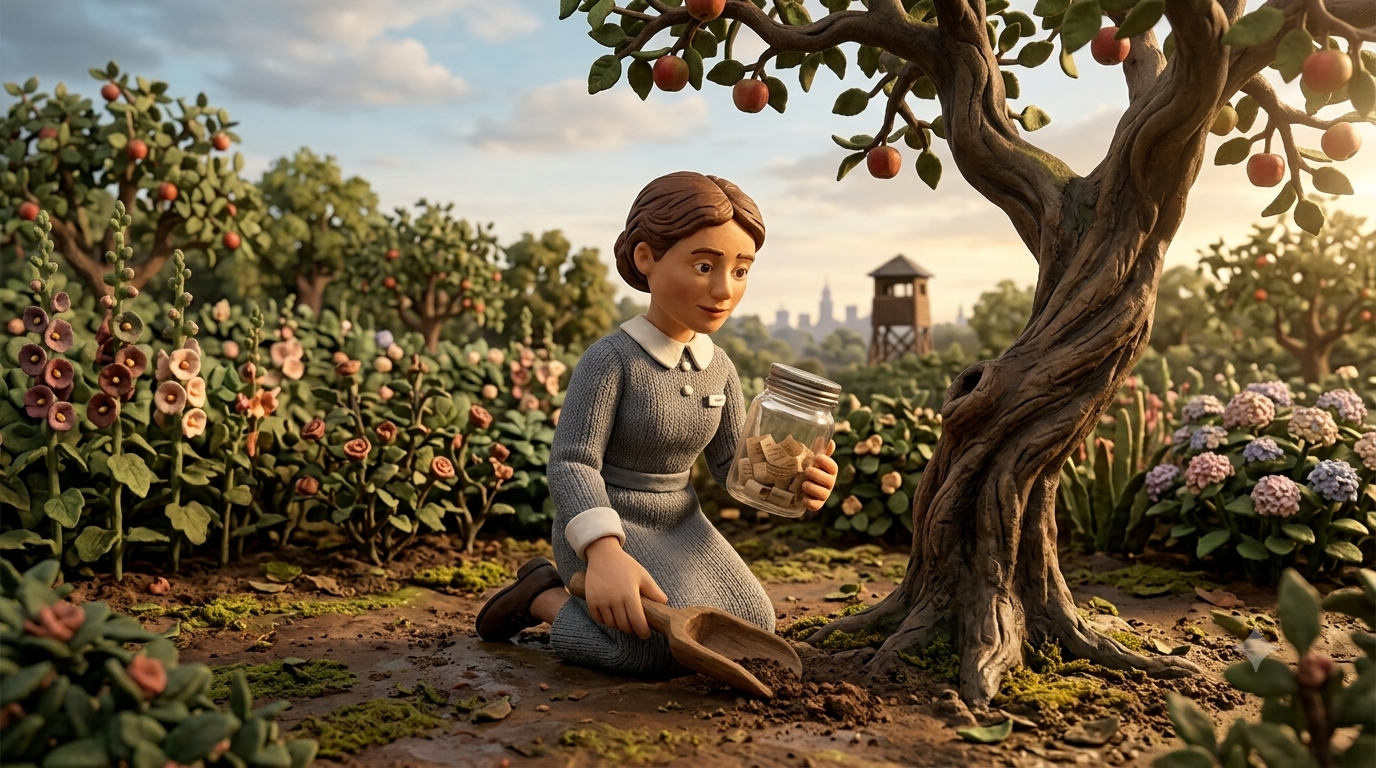 irena sendler with glass jar for the apple tree