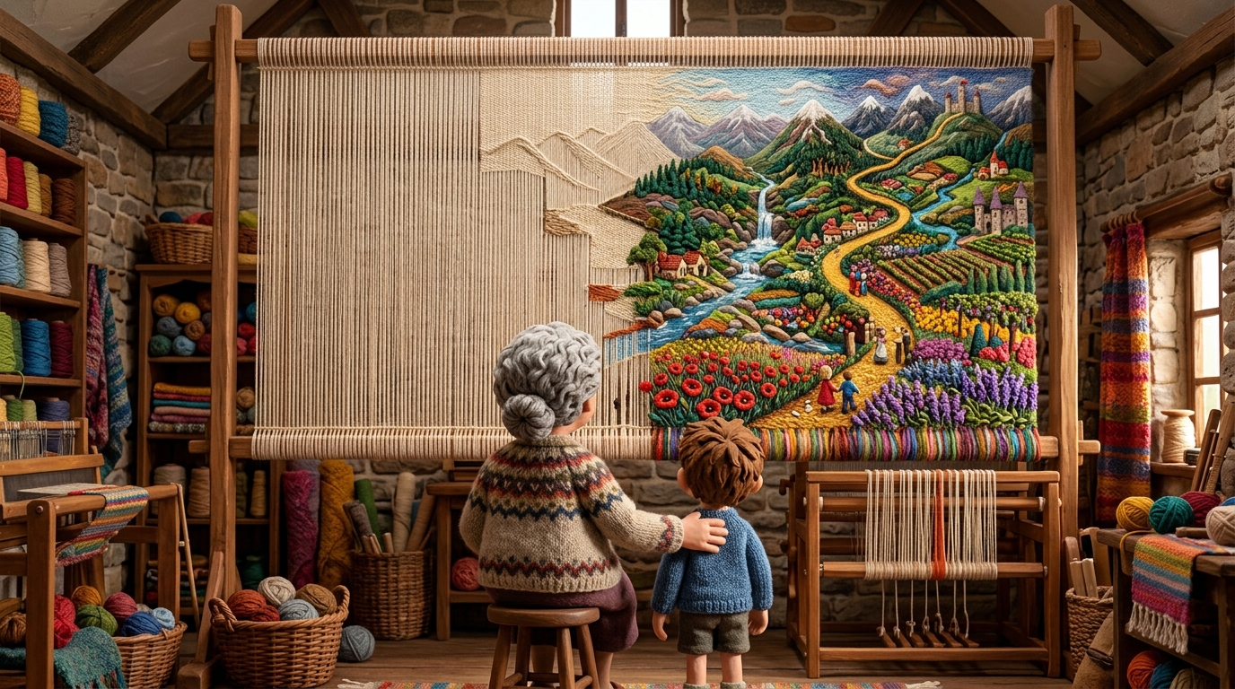 tapestry of family journey with grandma and grandson looking at the stitches