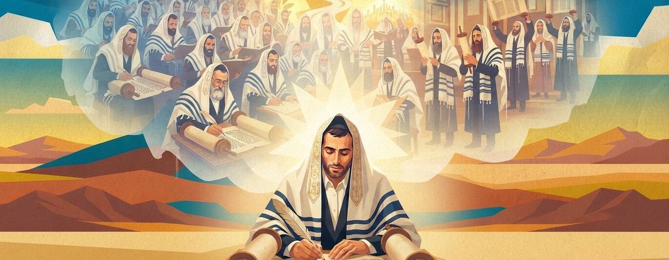 torah sofer writing scrolls and wearing tallit in desert or shul with torah