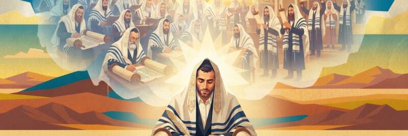 torah sofer writing scrolls and wearing tallit in desert or shul with torah