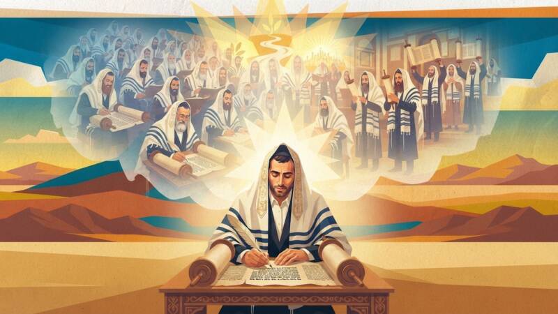 torah sofer writing scrolls and wearing tallit in desert or shul with torah