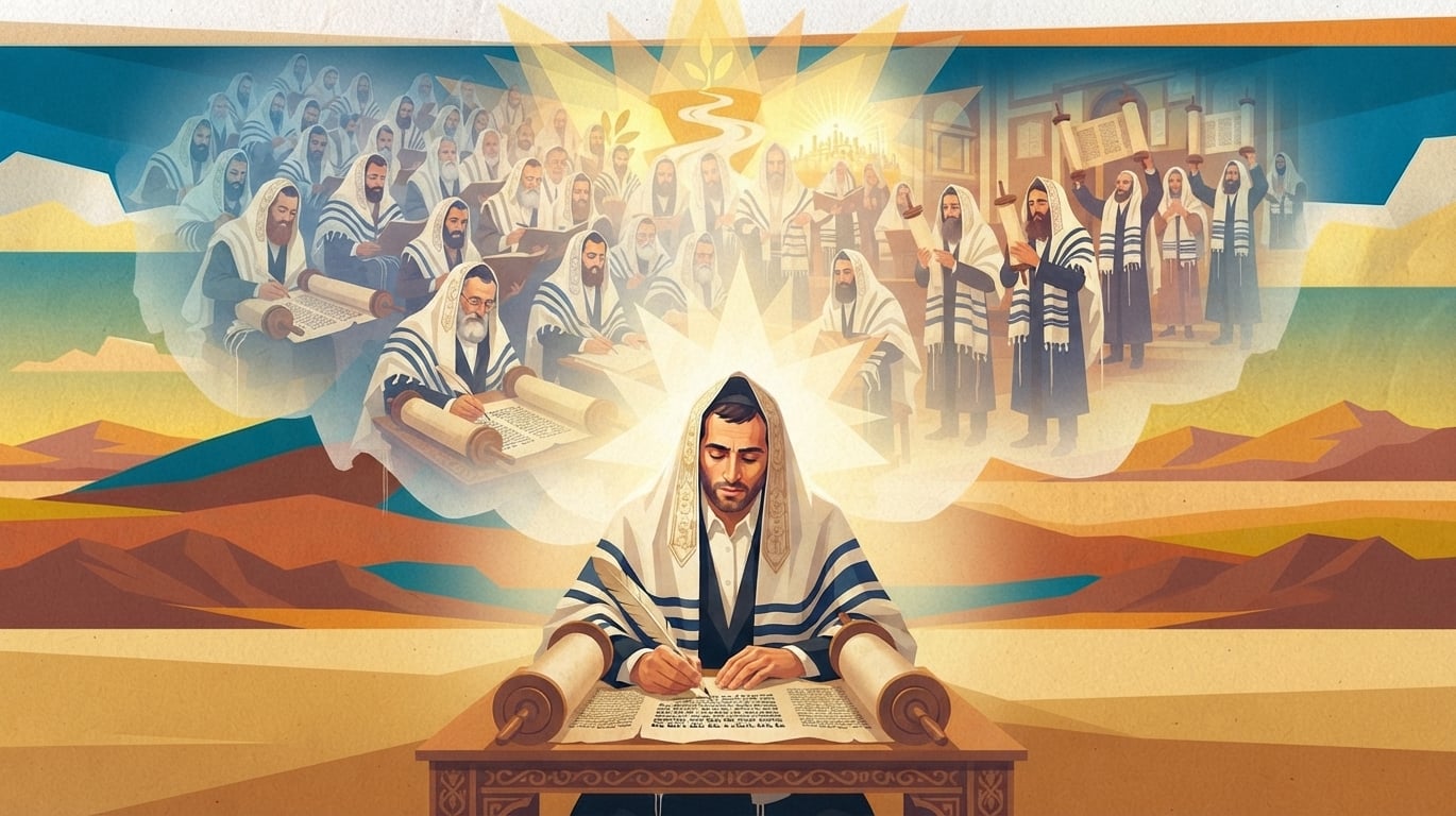 torah sofer writing scrolls and wearing tallit in desert or shul with torah